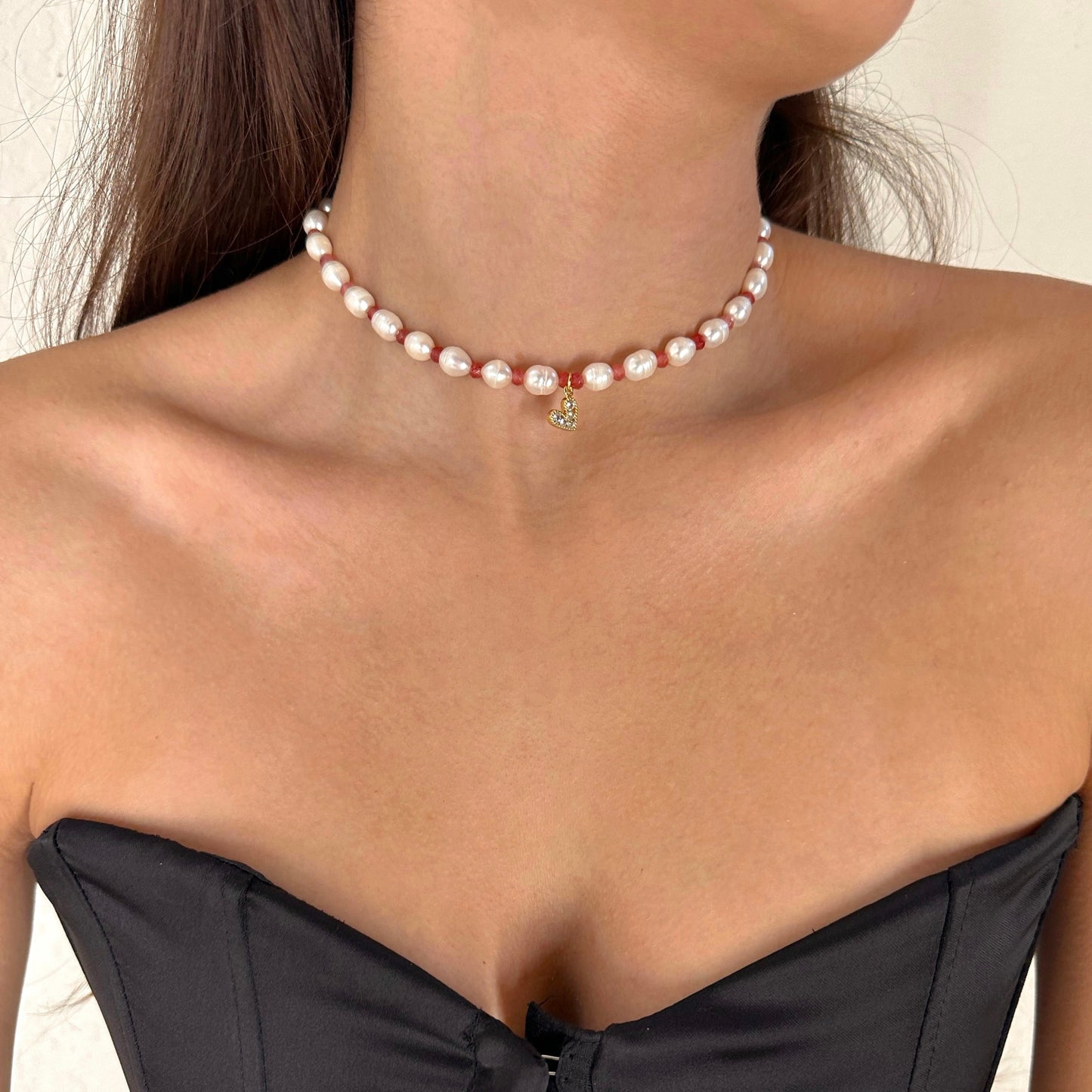 Pink Heart Pearls Necklace